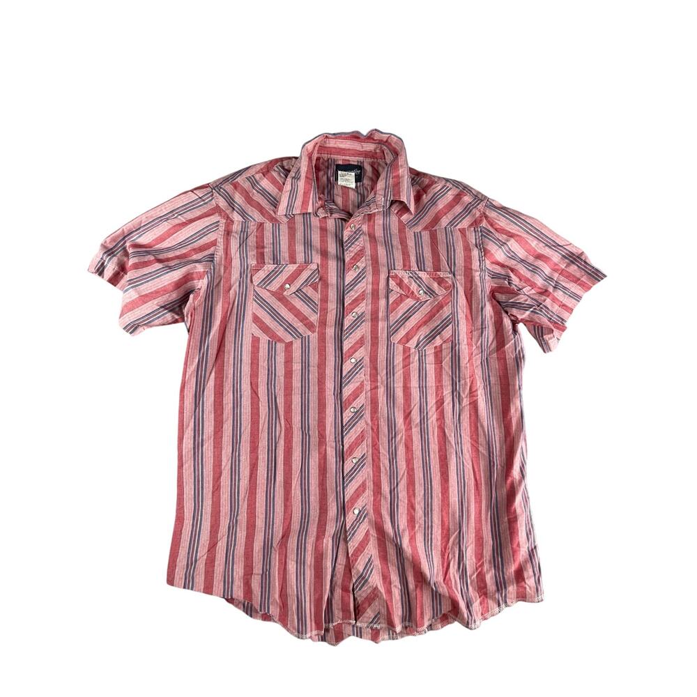 Wrangler Shirt Men 17 1/2 Tall Red Stripe Western Cowboy Polo Casual Button Down